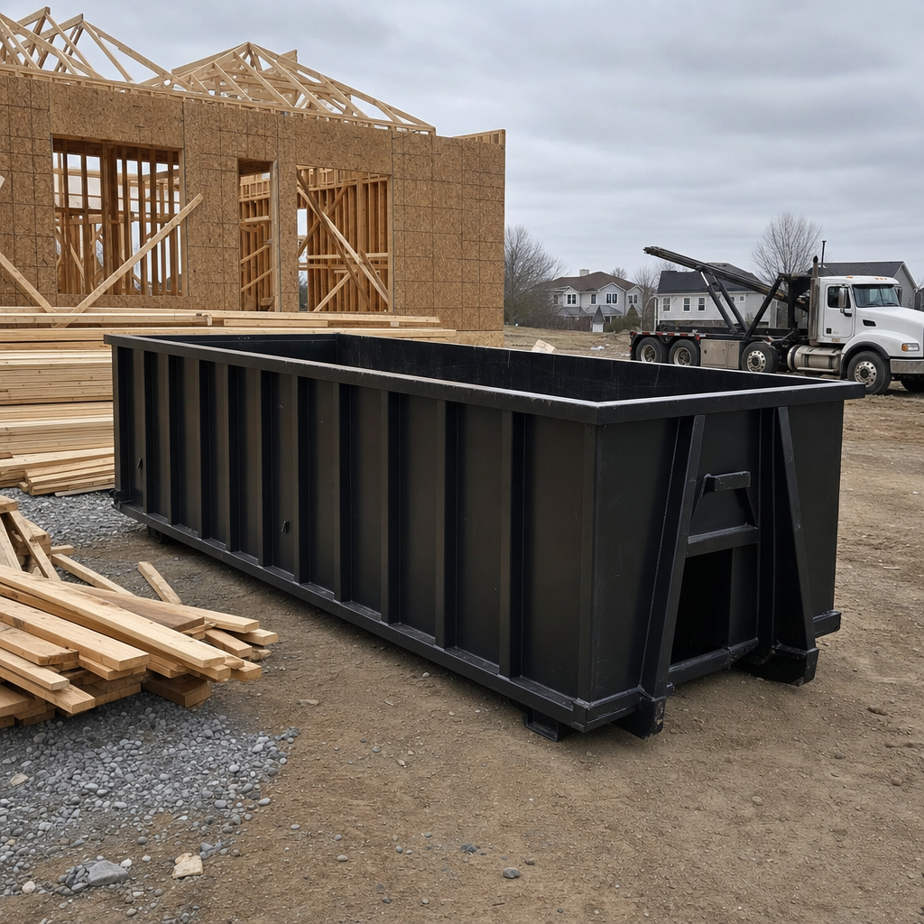 Matte-black 40-yard roll-off dumpster staged on a framed-out residential construction site in Virginia Beach, framing lumber stacked nearby, hooklift delivery truck visible in the background under bright Colorado daylight