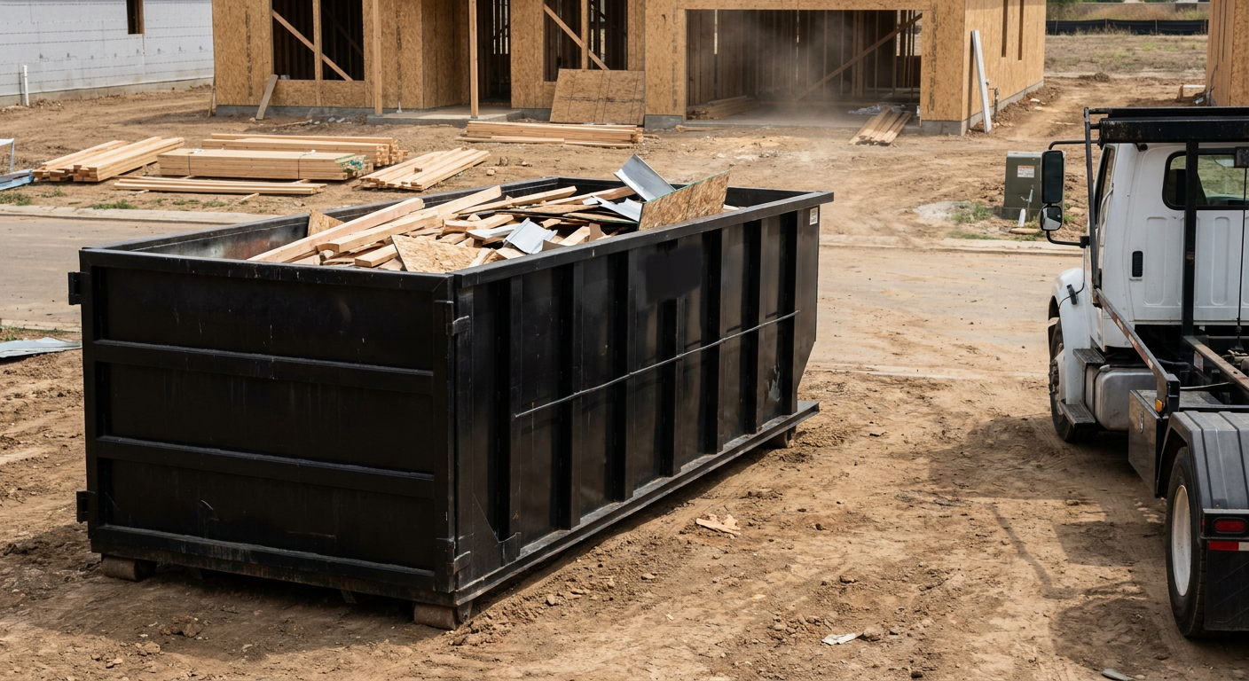 Matte-black 20-yard roll-off construction dumpster with heavy ribbed steel sidewalls and swing rear doors at a working jobsite in Virginia Beach, sitting directly on compacted dirt with an unmarked white hauler partially visible at the far edge of the frame.