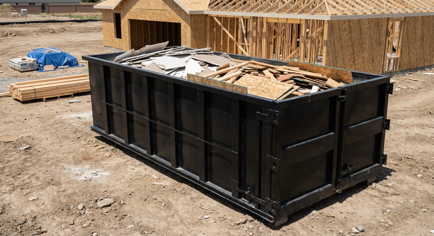 Matte-black 30-yard roll-off construction dumpster sitting directly on the compacted-dirt site of a framed single-family home build in Virginia Beach, drywall and lumber scrap loaded inside.