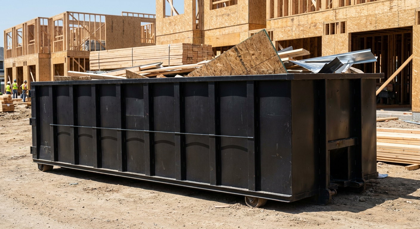 Matte-black 40-yard roll-off construction dumpster being lowered from a white-cab hooklift delivery truck onto the compacted-dirt jobsite at a commercial build site in Virginia Beach