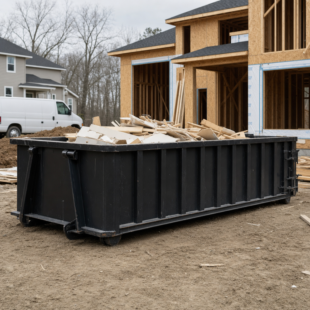 Worker in a yellow high-visibility vest tossing framing lumber and broken drywall into a matte-black 30-yard construction roll-off dumpster on an active build site in Virginia Beach, bright daylight
