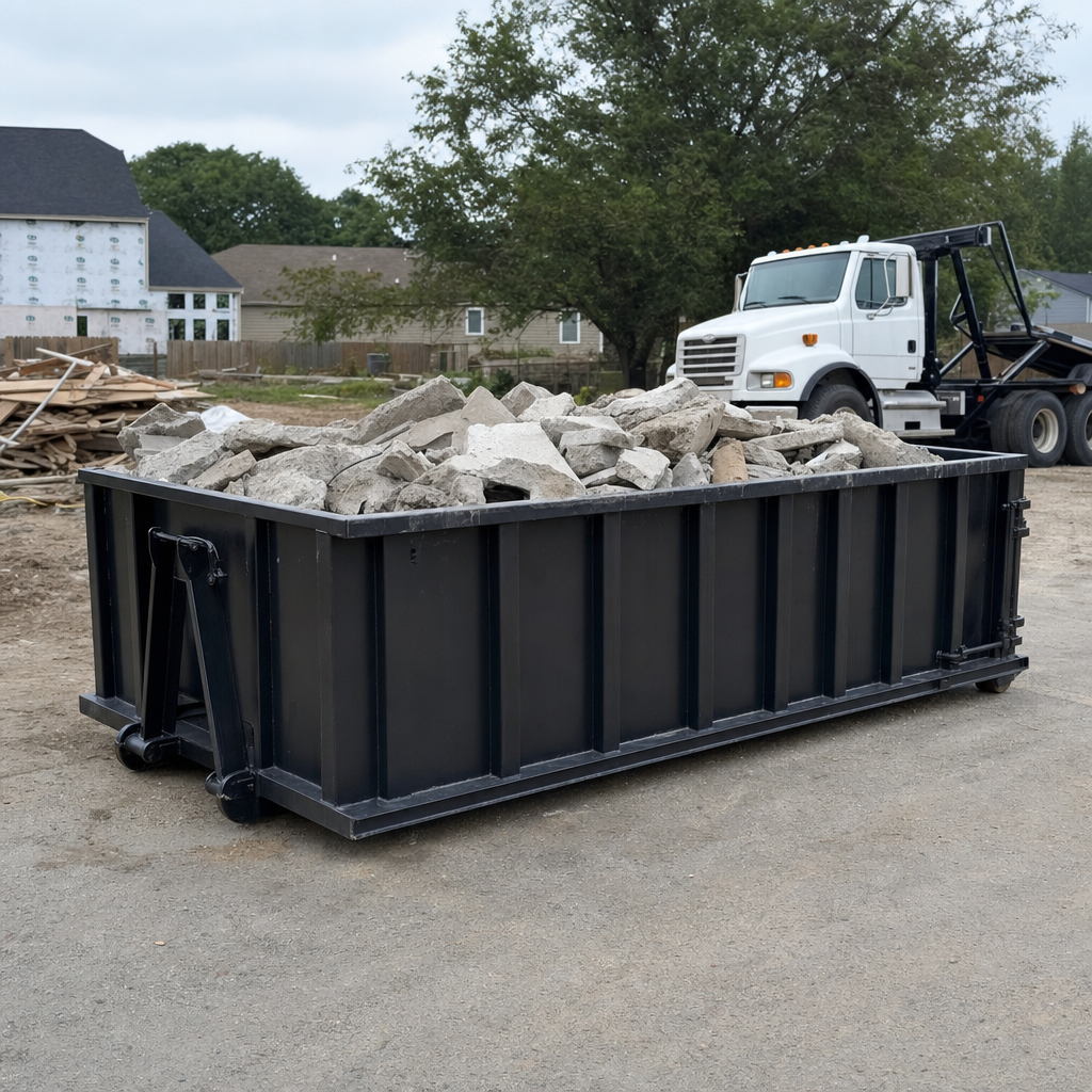 Low-profile matte-black lowboy roll-off dumpster loaded with broken concrete slab and rebar at a foundation tear-out in Virginia Beach, skid steer parked beside it, sunny Colorado morning