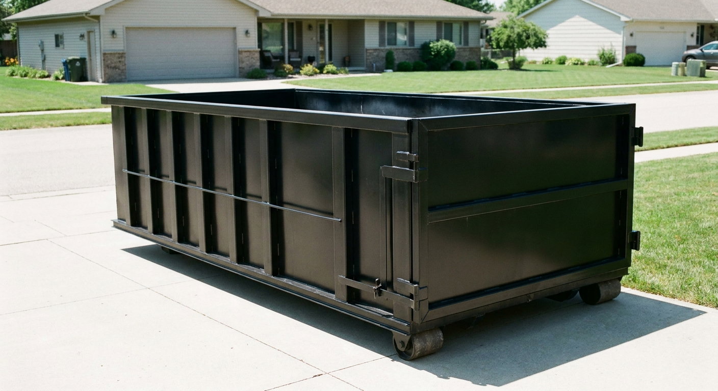 Matte-black 10-yard roll-off dumpster on a residential concrete driveway in Virginia Beach, uniformly painted matte black across every panel and rail, ribbed steel sidewalls and rear swing door visible, mid-day daylight.