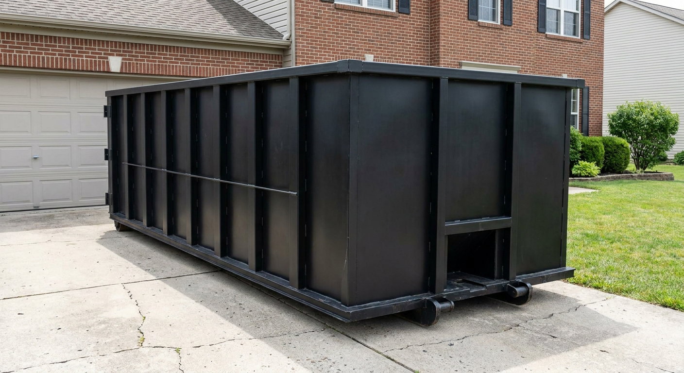 Matte-black 20-yard roll-off container on a Virginia Beach residential concrete driveway with reinforced ribbed steel sidewalls and a hinged rear walk-in door, clean bright daylight.