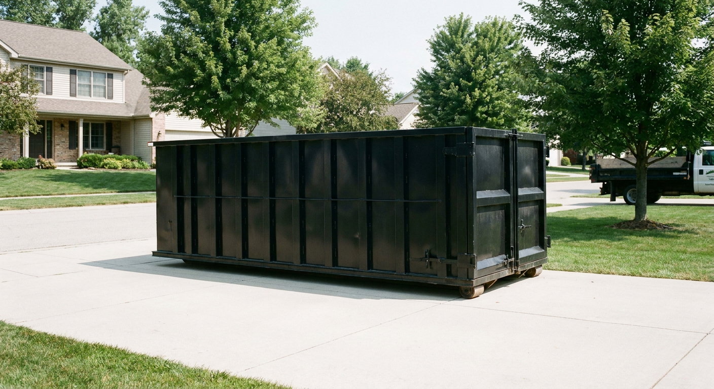 Matte-black 20-yard roll-off dumpster sitting level on a clean Virginia Beach residential concrete driveway under bright daylight, demonstrating clean placement directly on the concrete.