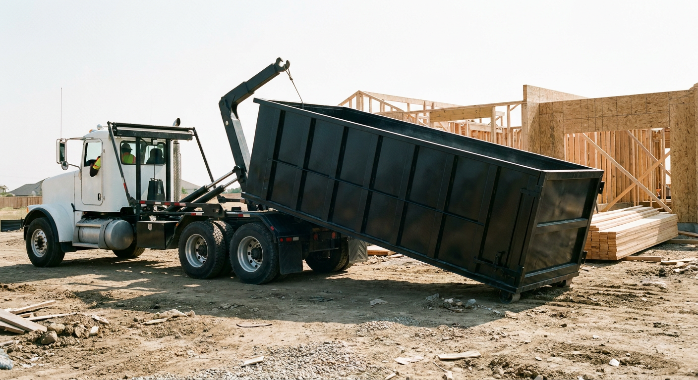 Matte-black roll-off dumpster being delivered onto a clean residential concrete driveway in Virginia Beach by an unmarked white hooklift hauler truck, bright morning daylight, documentary 35mm perspective.