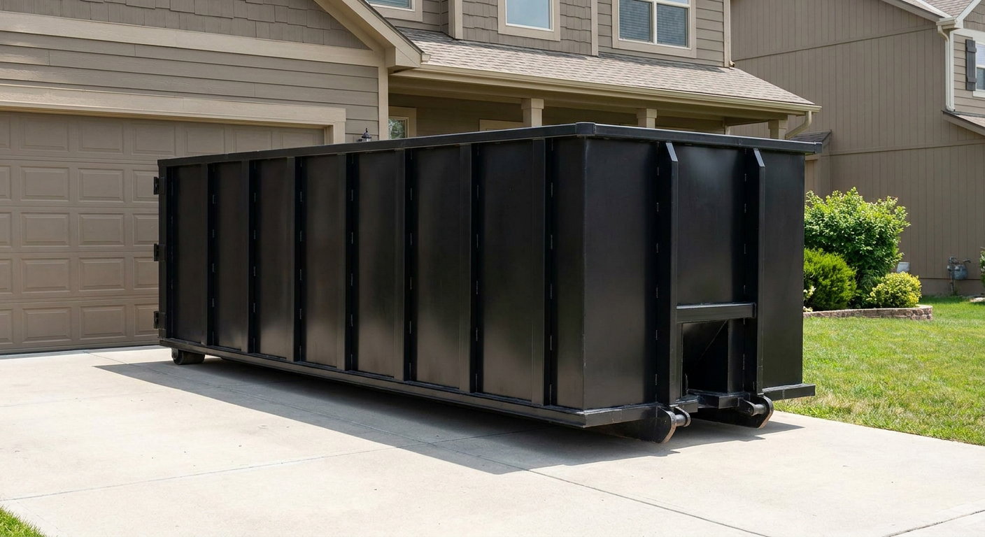 Matte-black residential roll-off dumpster sitting directly on a suburban Virginia Beach concrete driveway, garage door closed, single-family home in background, bright morning daylight.