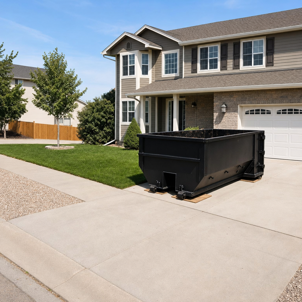 10-yard matte-black residential dumpster placed directly on a narrow Virginia Beach concrete driveway, room remains for a parked sedan beside it, mid-morning natural light