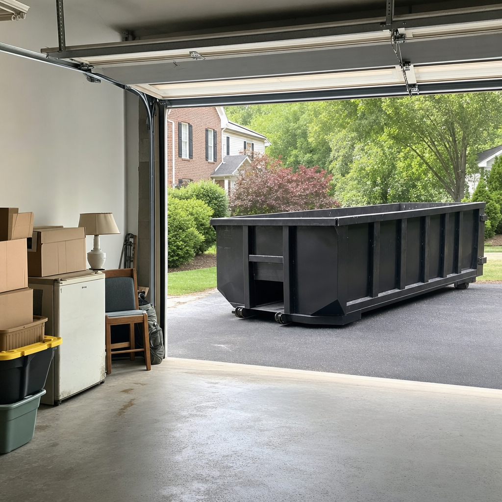 Open garage interior in a Virginia Beach home mid-cleanout — boxed items, an old appliance, and stacked yard tools queued near the driveway for a matte-black roll-off dumpster, organized and calm