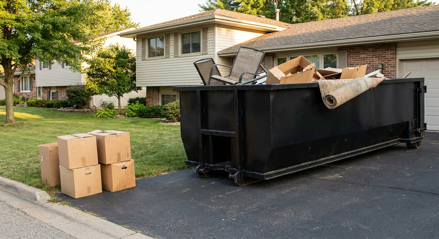 Front-yard view of a Virginia Beach split-level home with a 20-yard matte-black roll-off dumpster sitting directly on the asphalt driveway, a few clearly labeled donation boxes staged at the curb, calm sunny afternoon.