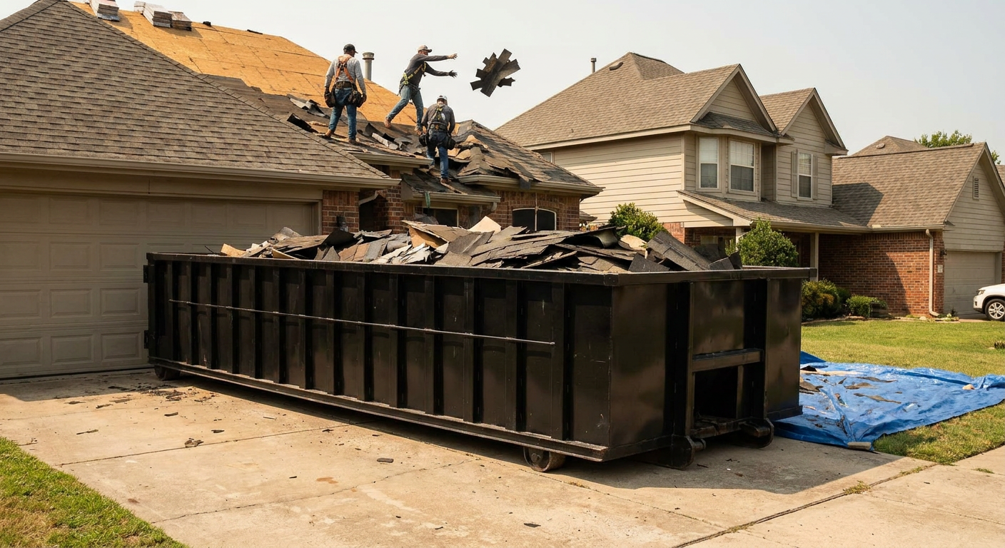 Matte-black roofing roll-off dumpster placed directly on a Virginia Beach residential concrete driveway, a tear-off crew on a two-story asphalt-shingle roof tossing shingle bundles into the low-walled container, bright daylight, documentary 35mm perspective.