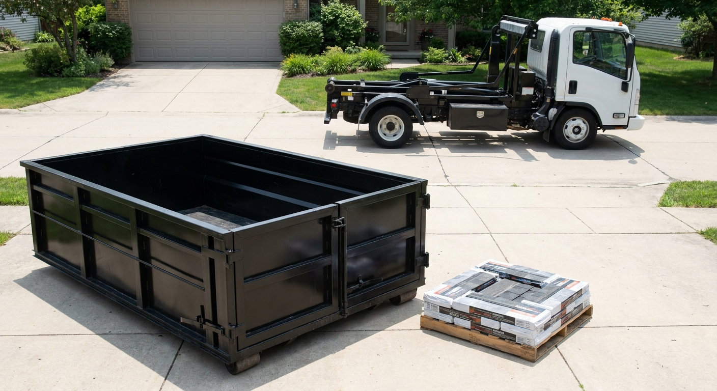 Matte-black 15-yard roofing roll-off dumpster with reinforced low side walls sitting directly on a Virginia Beach residential concrete driveway, three-tab asphalt shingle bundles stacked nearby, an unmarked white hauler truck partially visible at the edge of the frame.