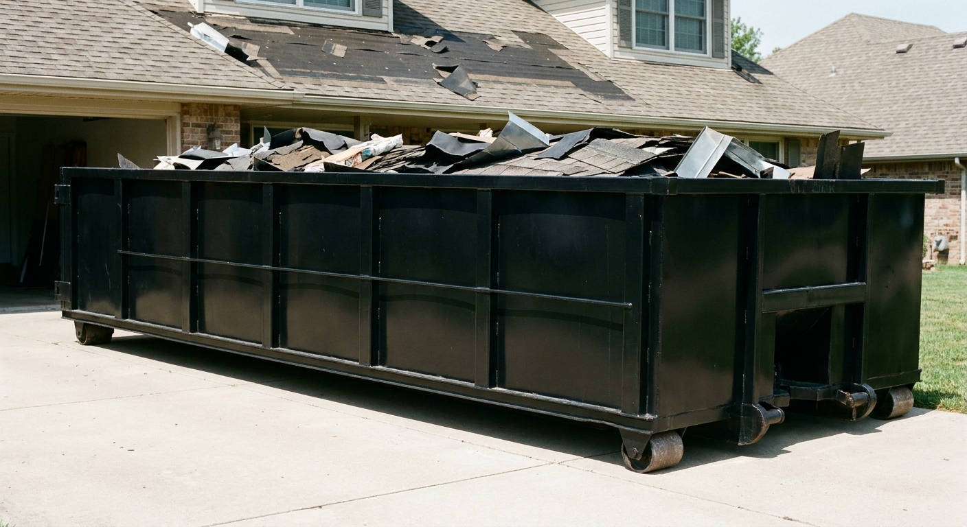 Matte-black 20-yard roofing roll-off dumpster with steel ribbed sides and swinging rear door, sitting directly on the concrete driveway of a two-story Virginia Beach home, asphalt shingle debris being loaded over the low wall, clean documentary lighting.