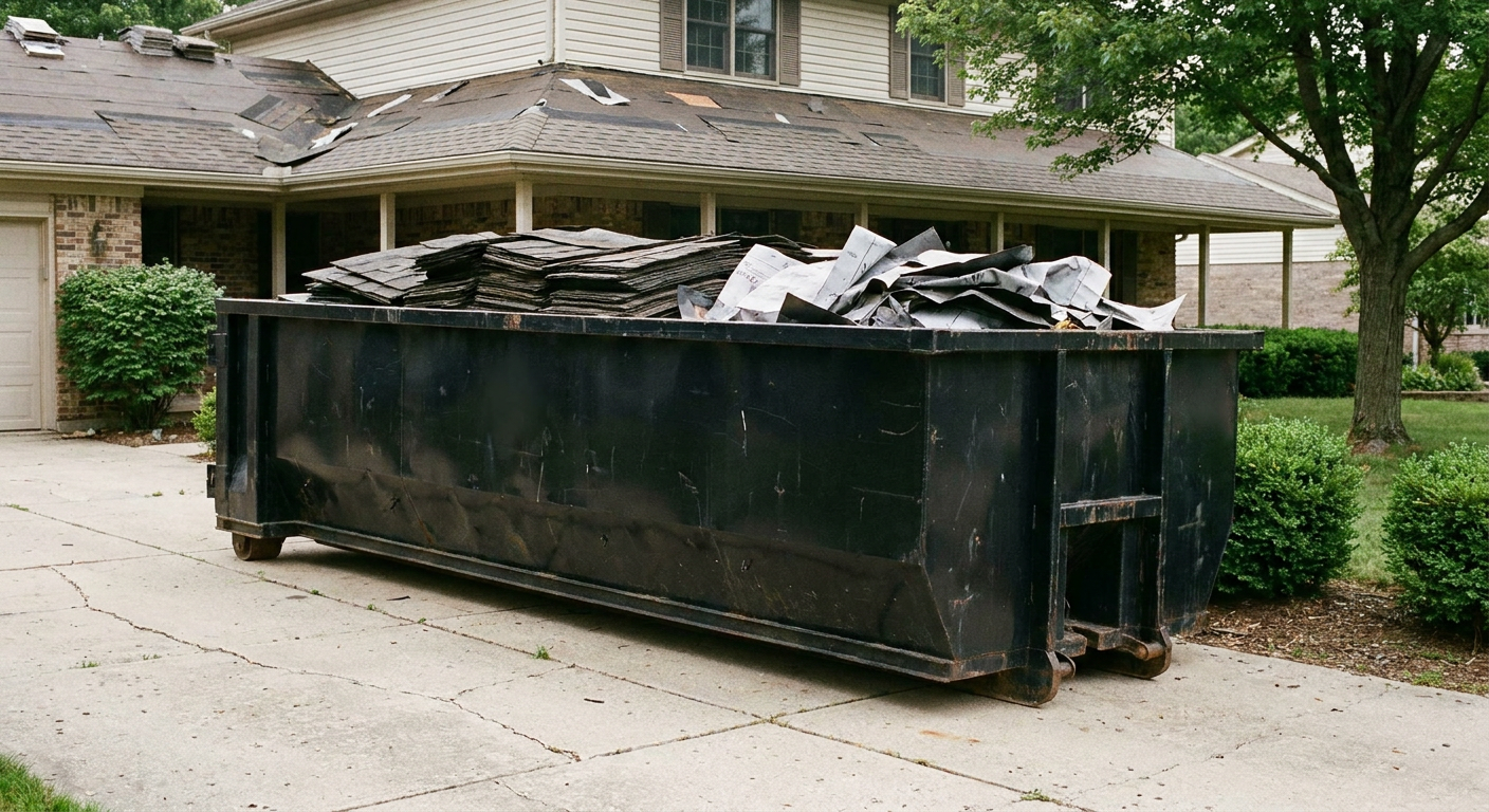 Matte-black 30-yard roofing roll-off dumpster sitting directly on a Virginia Beach concrete driveway, taller ribbed steel side panels, mixed tear-off debris of asphalt shingles and underlayment inside, professional documentary daylight.