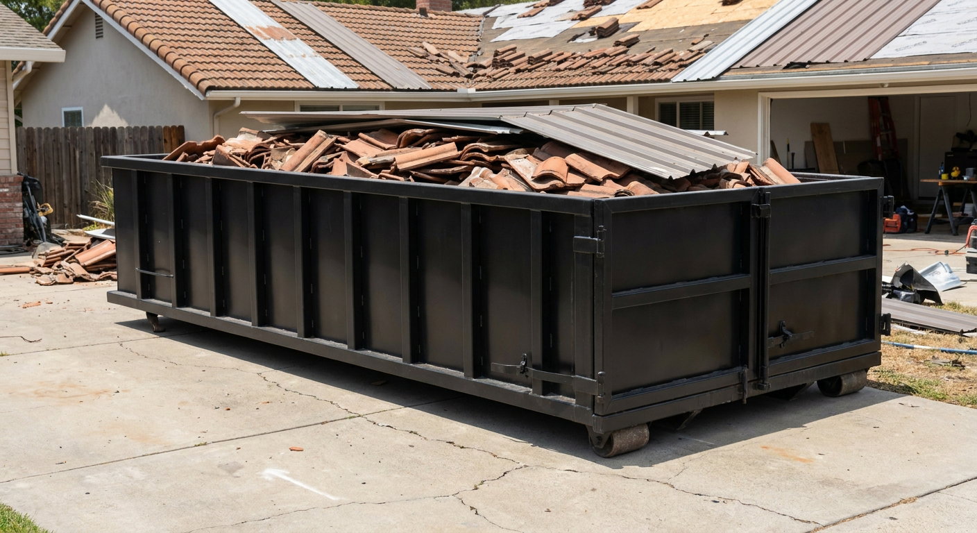 Matte-black low-wall heavy-debris roofing roll-off dumpster sitting directly on a Virginia Beach concrete driveway, broken concrete clay roof tiles and metal panel sections loaded inside, reinforced ribbed steel side walls visible, bright outdoor daylight.