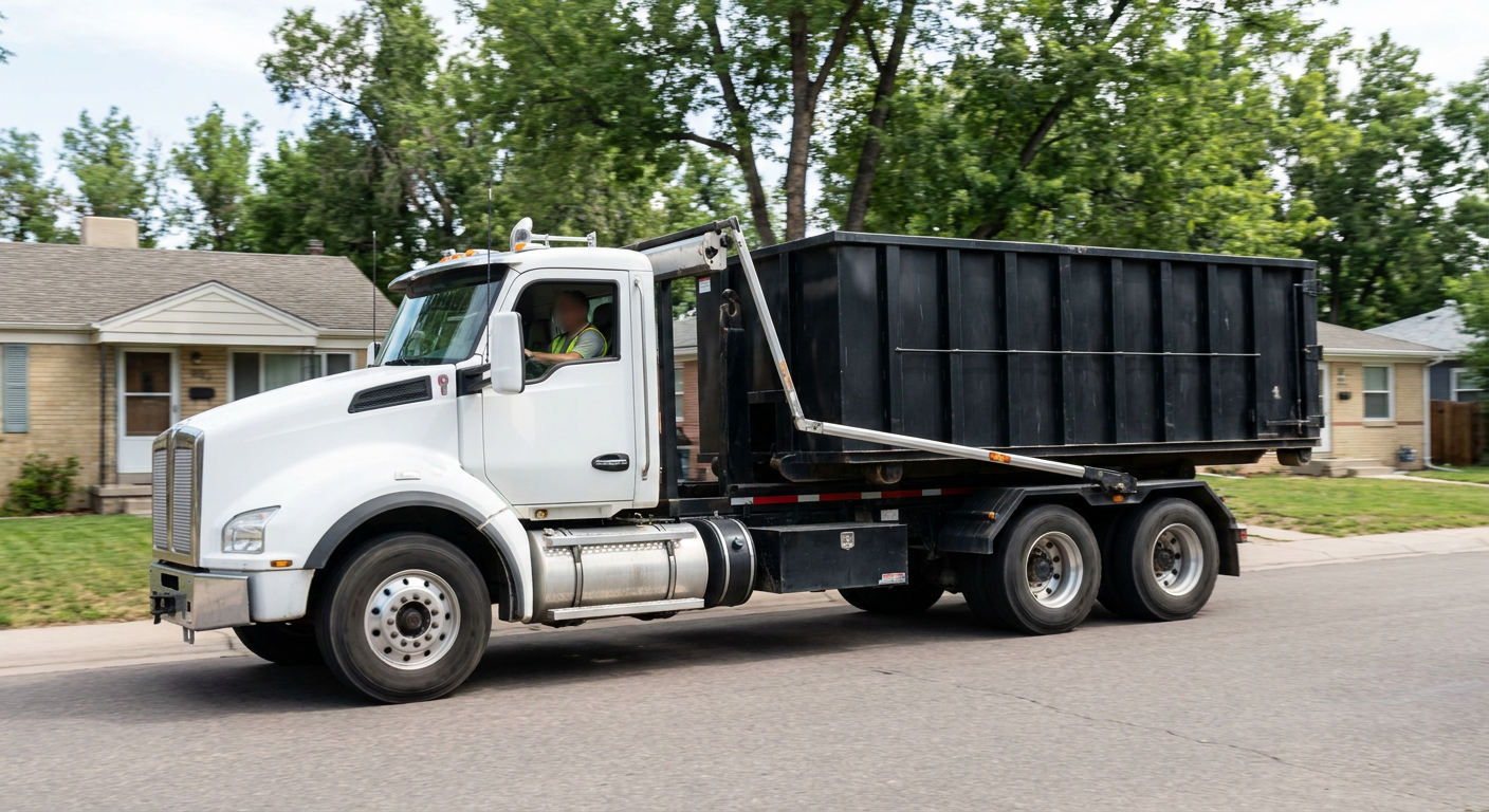 A wide documentary shot of a matte-black roll-off delivery truck pulling onto a quiet Virginia Beach residential street at mid-morning, with neighborhood rooftops and tree-lined blocks visible behind, showing the metro coverage footprint.