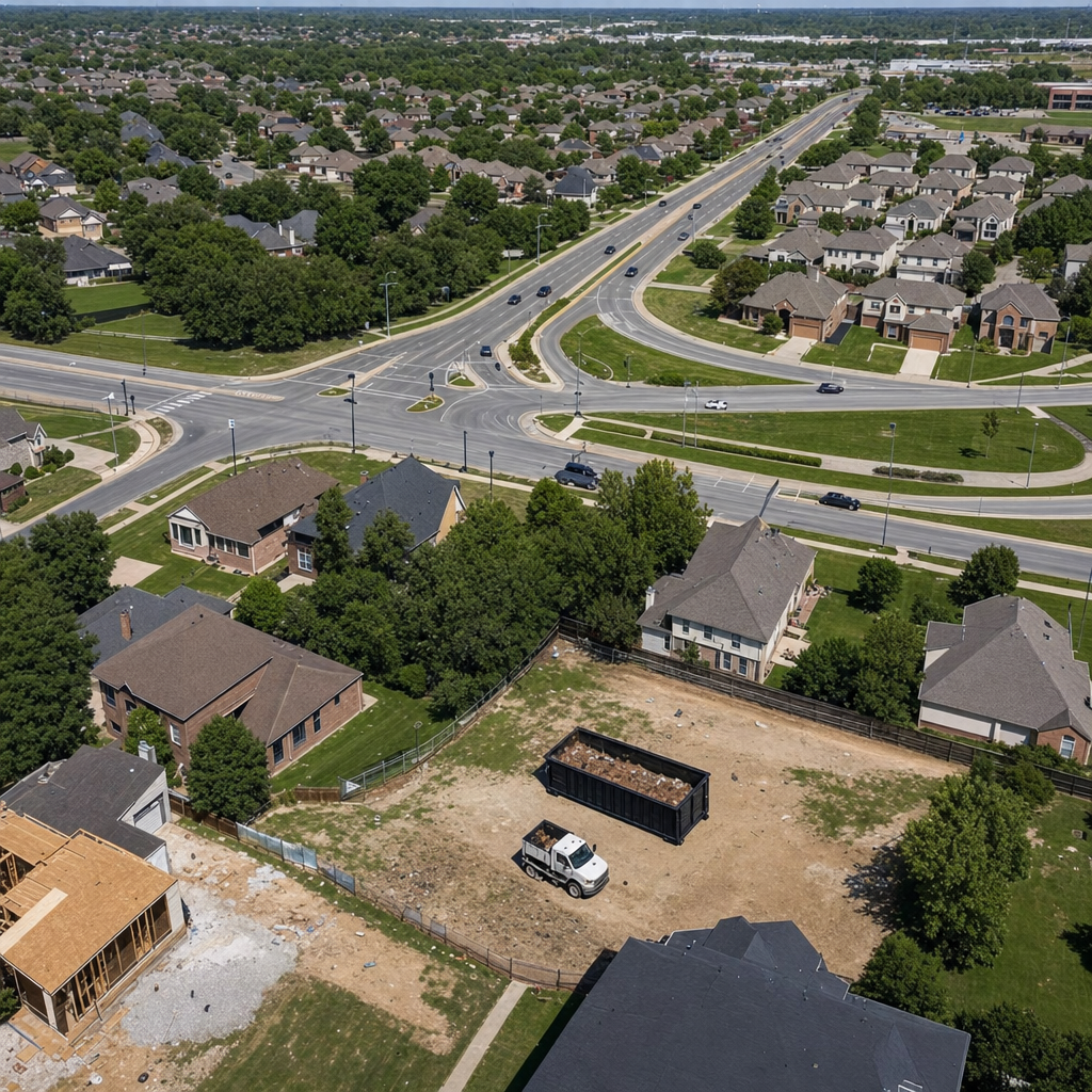 An overhead documentary view of the Virginia Beach metro area at midday, showing the spread of neighborhoods, arterial roads, and the dispatch radius from a central yard — clean daylight, organized geographic layout.
