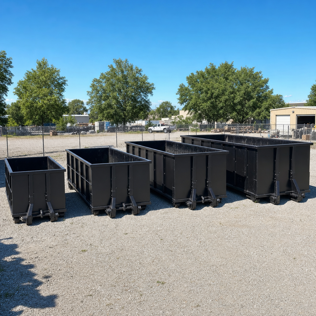 A clean lineup of matte-black roll-off dumpsters in 10, 20, 30, and 40-yard sizes staged on a sunlit gravel yard in Virginia Beach, showing the size progression from compact to commercial-scale containers.