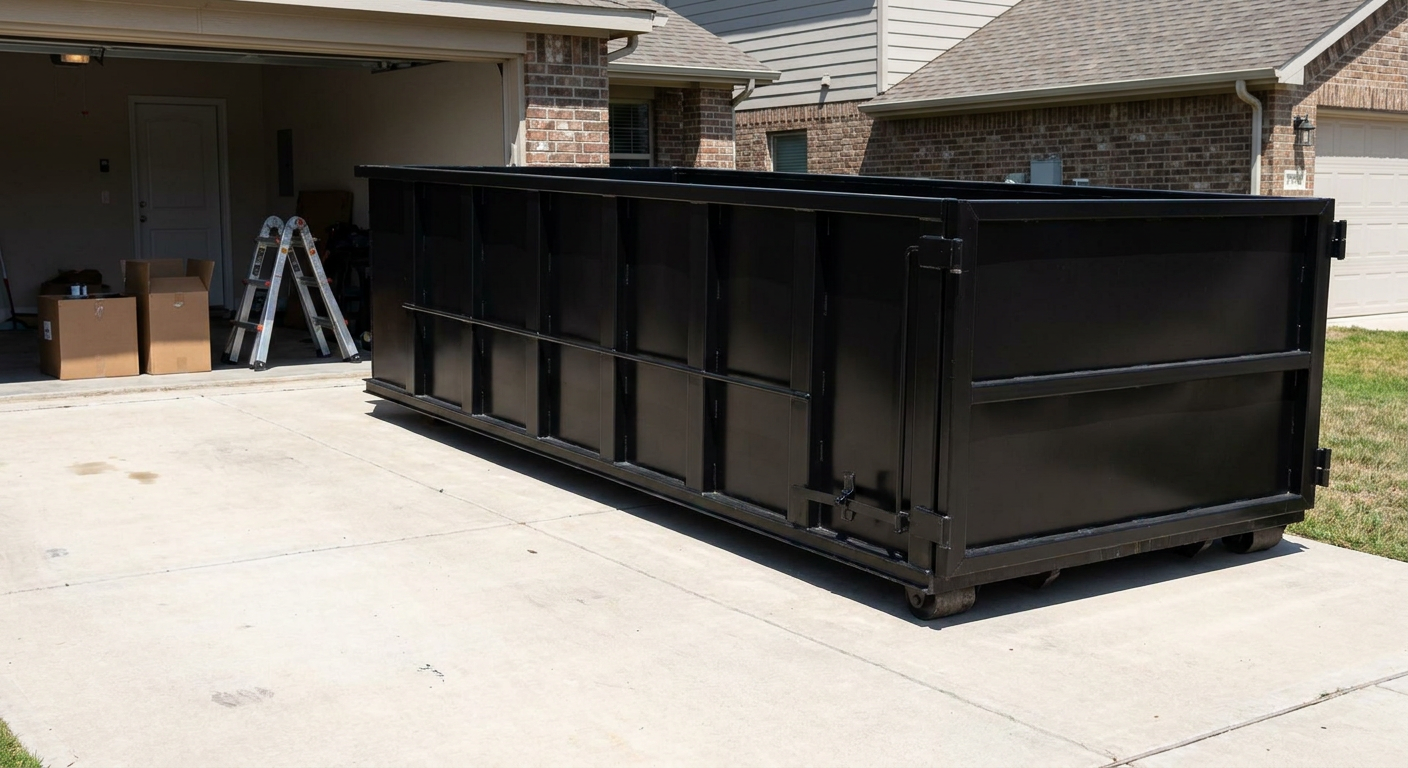 A matte-black 10-yard roll-off dumpster sitting directly on a residential Virginia Beach concrete driveway, mid-day sunlight, clean and ready for a garage cleanout.
