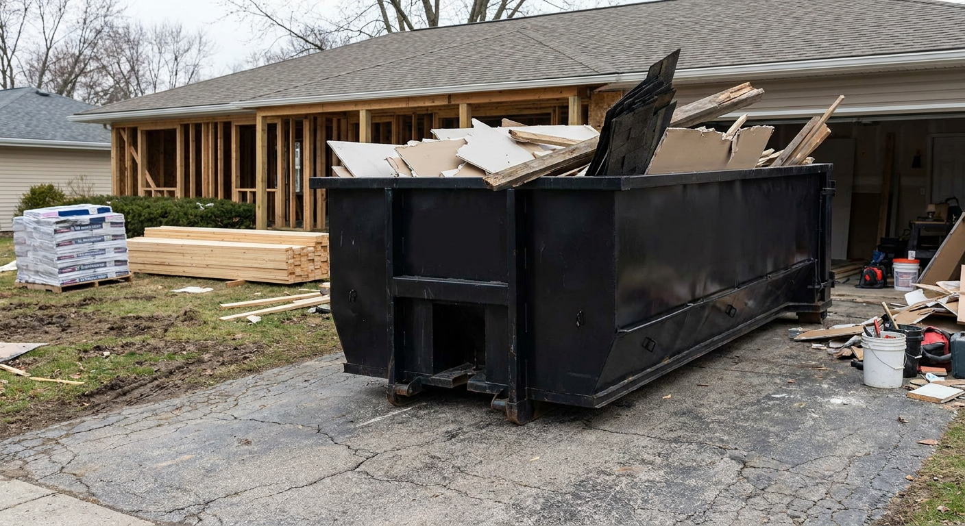 A matte-black 20-yard roll-off dumpster placed alongside a mid-renovation Virginia Beach home directly on the asphalt driveway, with framing materials and torn-off shingles staged neatly nearby.