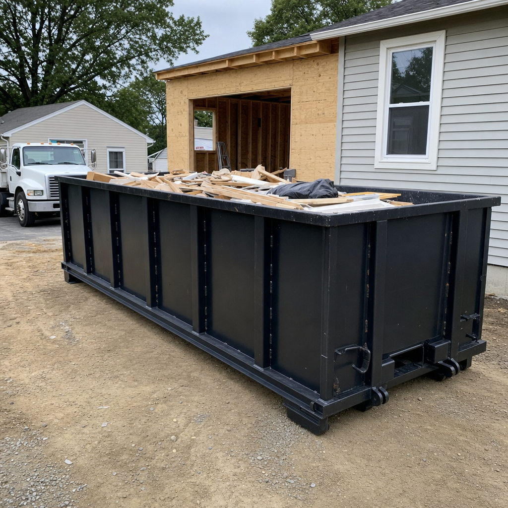 A matte-black 30-yard roll-off dumpster positioned at a Virginia Beach residential addition jobsite, with framing lumber and drywall scraps loaded through the open swinging rear doors.