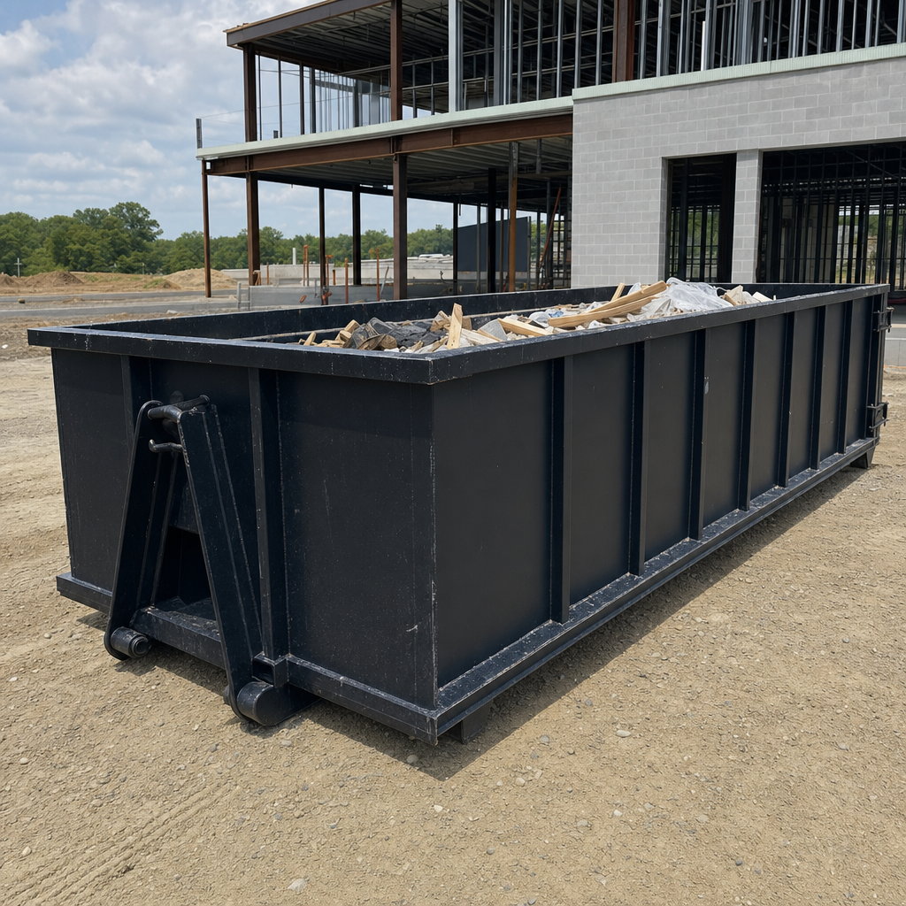 A matte-black 40-yard roll-off dumpster staged on a large Virginia Beach commercial construction lot, with a hooklift delivery truck parked alongside under bright midday sky.