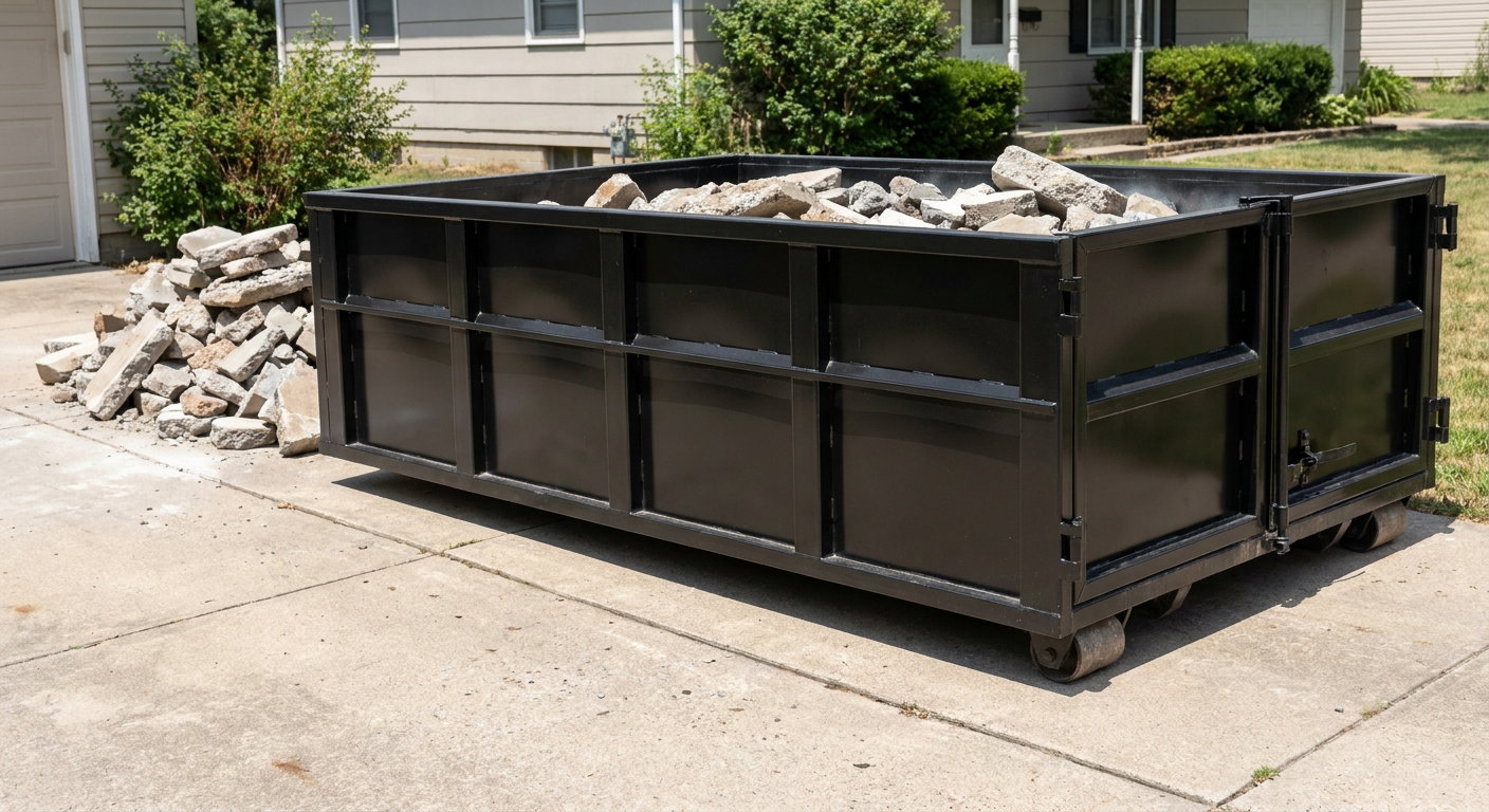A matte-black low-side heavy-debris roll-off dumpster placed directly on a Virginia Beach concrete driveway, with broken concrete chunks neatly stacked beside it under clean daylight.